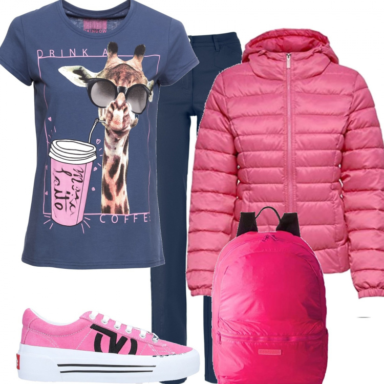 Outfit donna - Il piumino rosa. Stile Basic per Tutti i giorni. Abbinamento con t-shirt, pantaloni, sneakers, blazer, borse tote.
