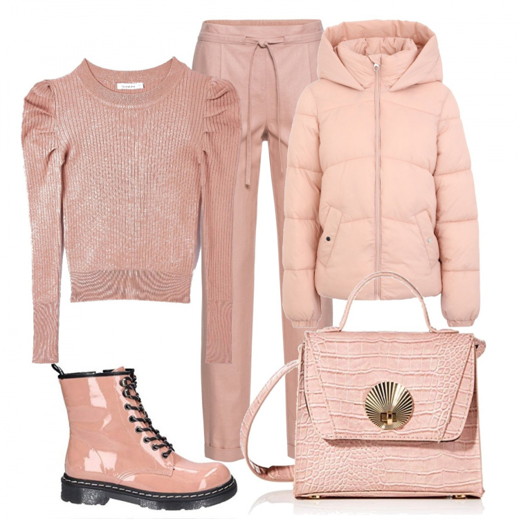 Outfit donna - Tutta rosa. Stile Basic per Tutti i giorni. Abbinamento con pantaloni, piumini, maglieria, borse a tracolla, stivali.