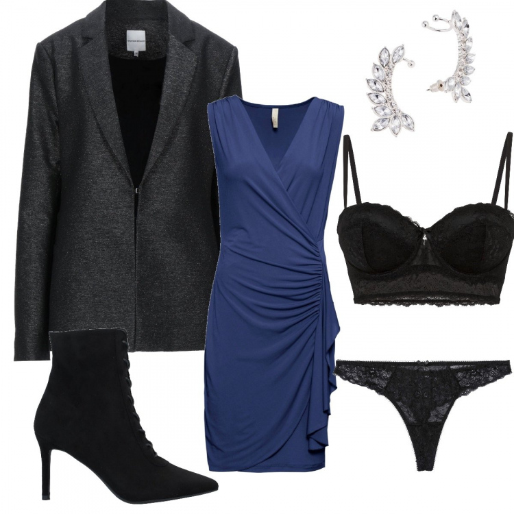 Outfit donna - Sexy #11324. Stile Sexy per Serata fuori. Abbinamento con reggiseni a balconcino, vestiti, perizomi, orecchini, stivaletti, blazer.