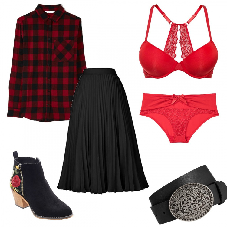 Outfit donna - Cowgirl in rosso. Stile Etnico per Tutti i giorni. Abbinamento con stivaletti, reggiseni, slip, cinture, camicie, gonne longuette.