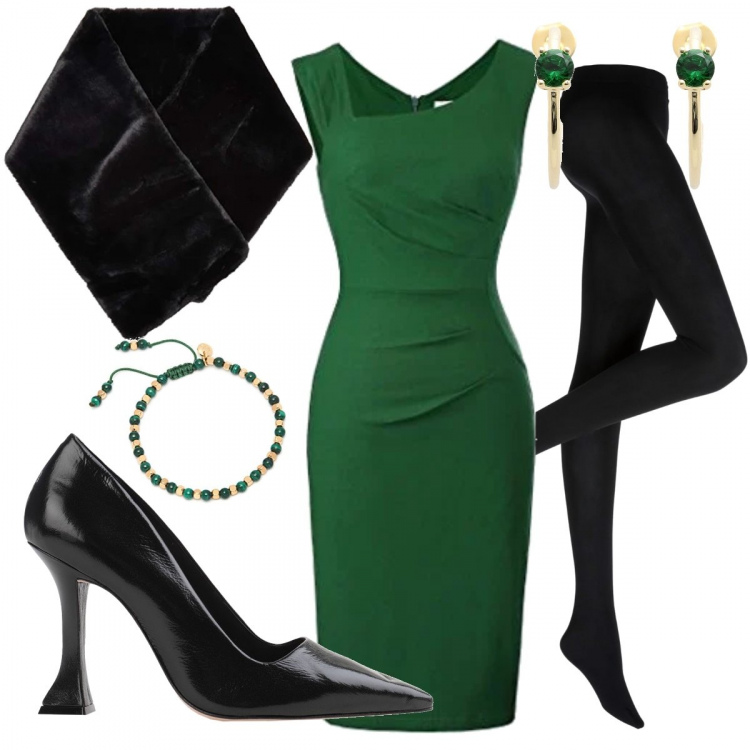 Outfit donna - Stile Chic per Natale 20. Stile Chic per Serata fuori. Abbinamento con collant, décolleté, orecchini, vestiti senza maniche, sciarpe, braccialetti.