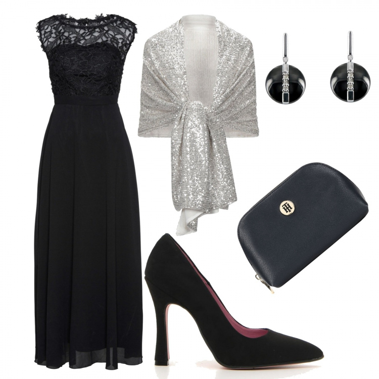 Outfit donna - Elegante per il Capodanno casalingo!. Stile Chic per Serata fuori. Abbinamento con vestiti lunghi, cappe, pochette, décolleté, orecchini.