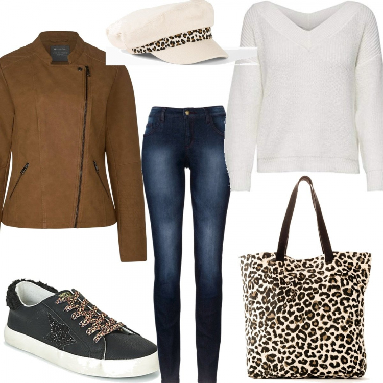 Outfit donna - Dettagli leopardati. Stile Urban per Ufficio. Abbinamento con jeans skinny, shopping bag, cappelli con visiera, sneakers, felpe, blazer.