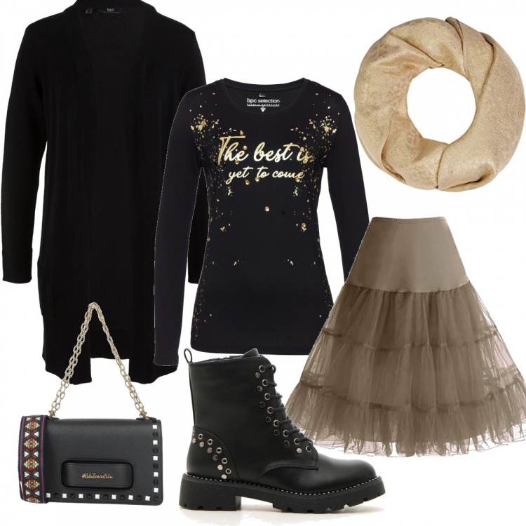 Outfit donna - gold at christmas. Stile Rock per Serata fuori. Abbinamento con cardigans, maglieria, borse a spalla, gonne, anfibi, sciarpe.