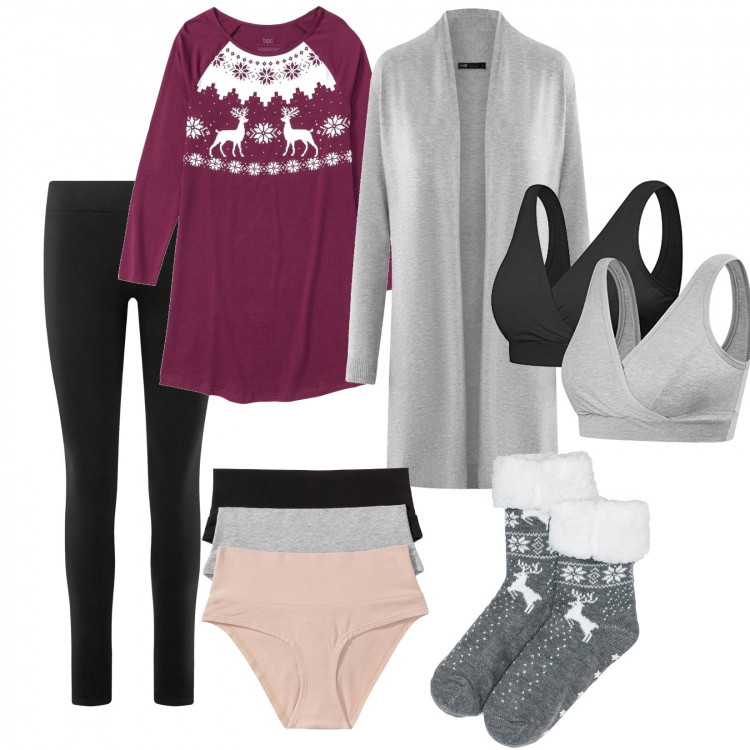 Outfit donna - Vigilia di Natale 2020. Stile Basic per Tutti i giorni. Abbinamento con culotte, camicie da notte, calzini, reggiseni, cardigans, leggings.