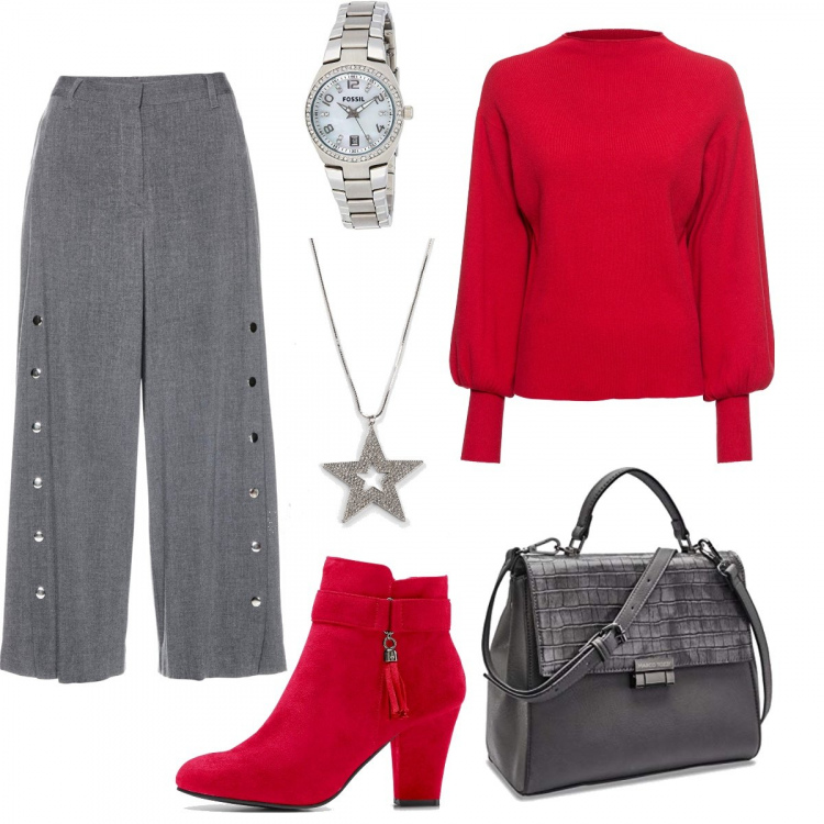 Outfit donna - Curvy style: regalo di Natale. Stile Basic per Serata fuori. Abbinamento con maglieria, pantaloni culotte, stivaletti, ciondoli, borse a mano, orologi.