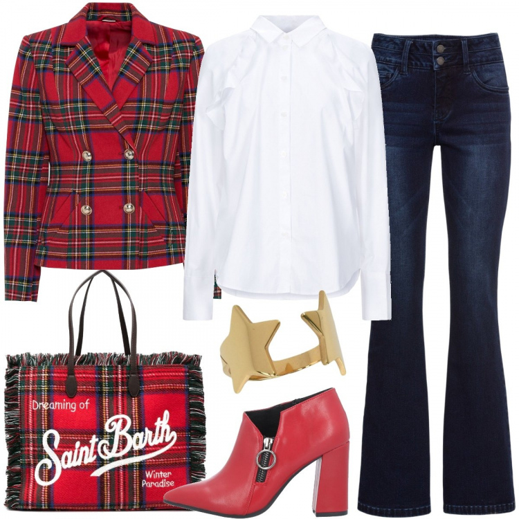 Outfit donna - Il blazer in tartan per Natale. Stile Trendy per Tutti i giorni. Abbinamento con jeans bootcut, blazer, stivaletti, camicie, anelli, borse tote.