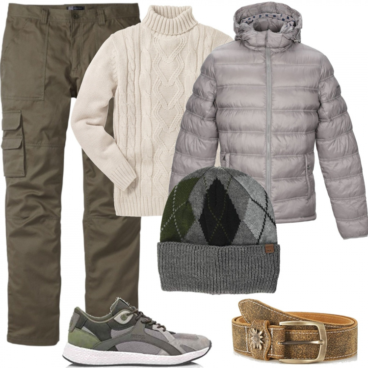 Outfit uomo - Mai senza le sneakers. Stile Casual per Tutti i giorni. Abbinamento con maglieria, pantaloni cargo, piumini, sneakers, cinture, berretti.