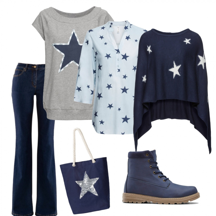 Outfit donna - Un carico di stelle. Stile Basic per Tutti i giorni. Abbinamento con t-shirt, cappotti, tuniche, stivaletti, jeans bootcut, shopping bag.