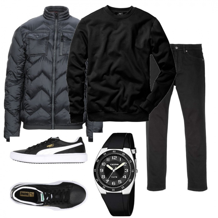 Outfit uomo - Semplicemente nero. Stile Urban per Tutti i giorni. Abbinamento con felpe, jeans slim fit, sneakers, piumini, orologi analogici.