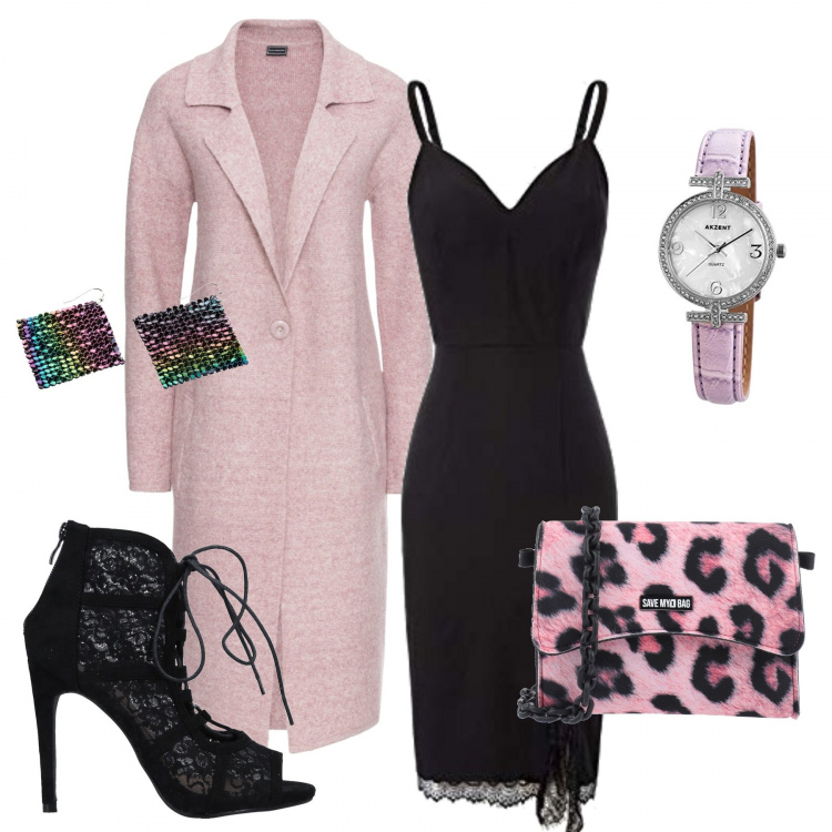 Outfit donna - Sexy #11400. Stile Sexy per Serata fuori. Abbinamento con cappotti, orecchini, stivaletti, borse a mano, vestiti a tubino, orologi analogici.