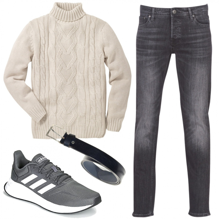 Outfit uomo - Il pullover candido come la neve. Stile Casual per Tutti i giorni. Abbinamento con maglieria, jeans, sneakers, cinture.