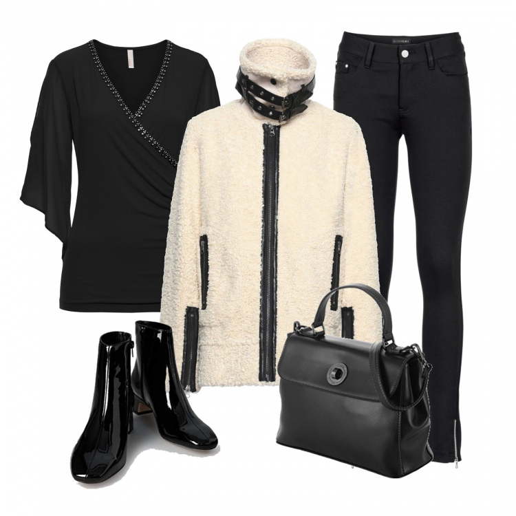 Outfit donna - Eco con stile. Stile Urban per Tutti i giorni. Abbinamento con pantaloni, maglieria, ecopellicce, borse a mano, stivali.
