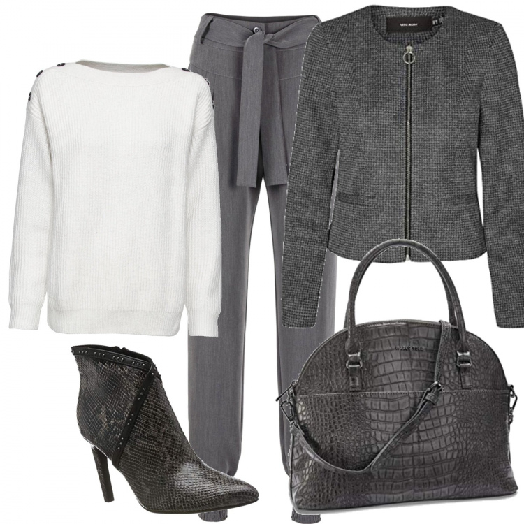 Outfit donna - Bianco e grigio. Stile Basic per Tutti i giorni. Abbinamento con maglieria, pantaloni, blazer, borse a mano, stivaletti.