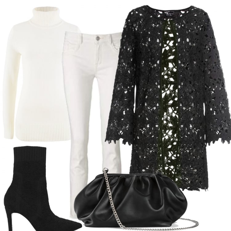 Outfit donna - Pizzo nero per lo spolverino. Stile Trendy per Tutti i giorni. Abbinamento con maglieria, blazer, borse a tracolla, stivaletti, pantaloni.