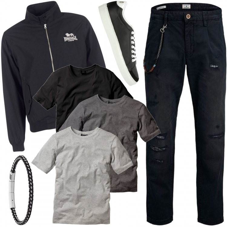 Outfit uomo - Il giubbino in felpa di Londsale. Stile Casual per Tutti i giorni. Abbinamento con t-shirt, sneakers, braccialetti, giacche, pantaloni chino.