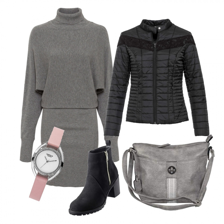 Outfit donna - Semplice in grigio. Stile Basic per Tutti i giorni. Abbinamento con vestiti, cappotti, stivaletti, borse a mano, orologi analogici.