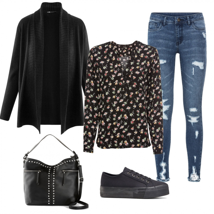 Outfit donna - Everyday Miriam. Stile Basic per Tutti i giorni. Abbinamento con bluse, sneakers, jeans strappati, shopping bag, cardigans.