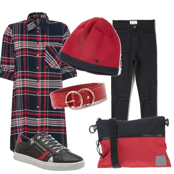 Outfit donna - Alla boscaiola a quadri. Stile Basic per Tutti i giorni. Abbinamento con vestiti chemisier, borse a tracolla, jeans strappati, cinture, berretti, sneakers.