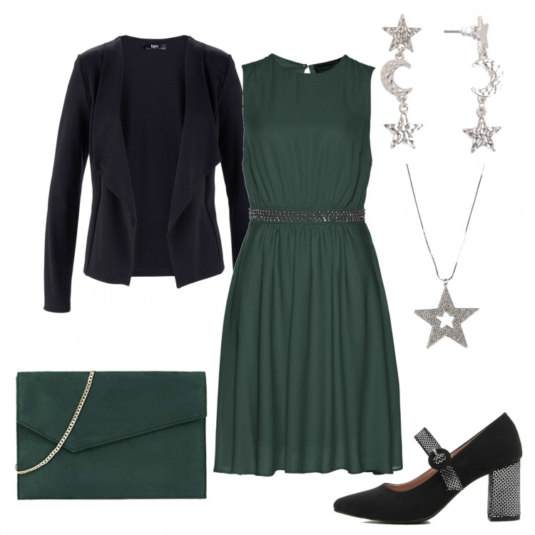 Outfit donna - La vigilia di Natale. Stile Trendy per Serata fuori. Abbinamento con blazer, pantaloni corti, ciondoli, orecchini, décolleté, pochette.