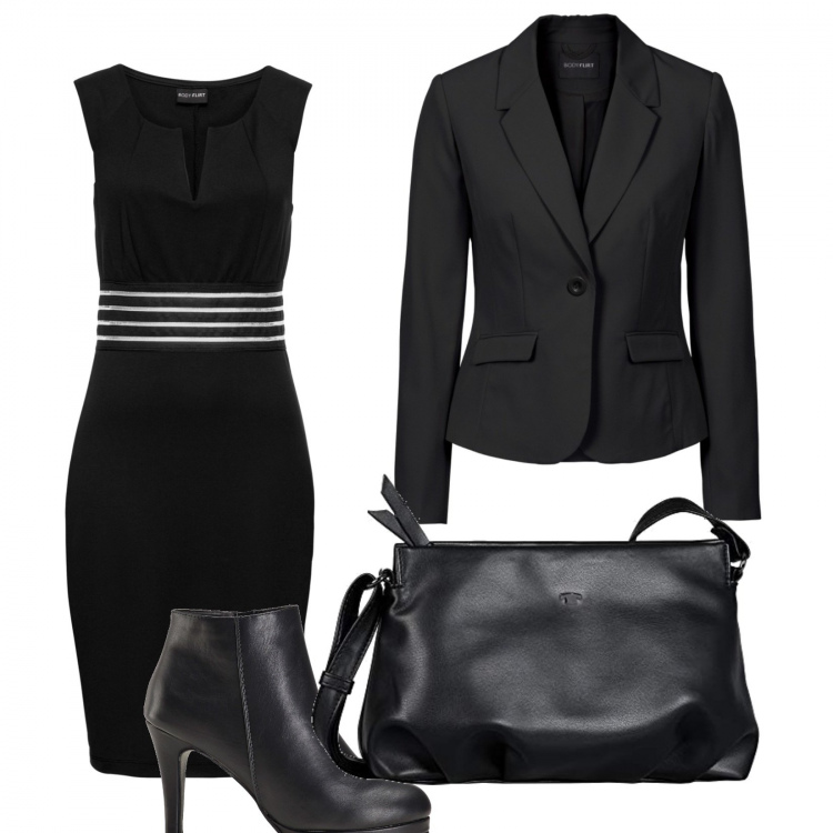 Outfit donna - In nero con il tubino. Stile Chic per Serata fuori. Abbinamento con blazer, vestiti, stivaletti, borse a spalla.