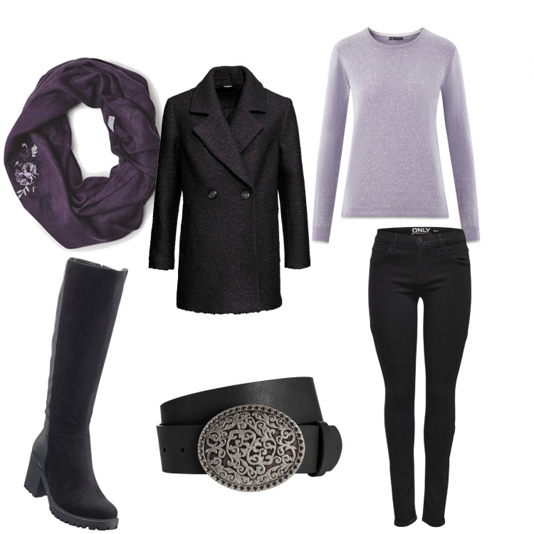 Outfit donna - Basic #48287. Stile Basic per Tutti i giorni. Abbinamento con cinture, cappotti, stivali sopra il ginocchio, jeans skinny, sciarpe, maglioni.