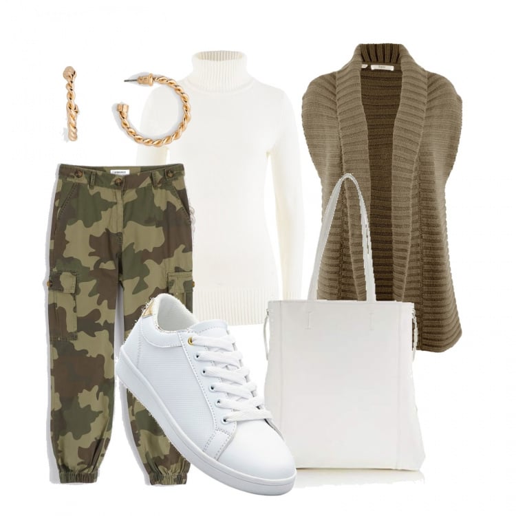 Outfit donna - Pronta per una lunga giornata. Stile Basic per Tutti i giorni. Abbinamento con maglieria, maglieria, sneakers, orecchini, pantaloni cargo, borse tote.