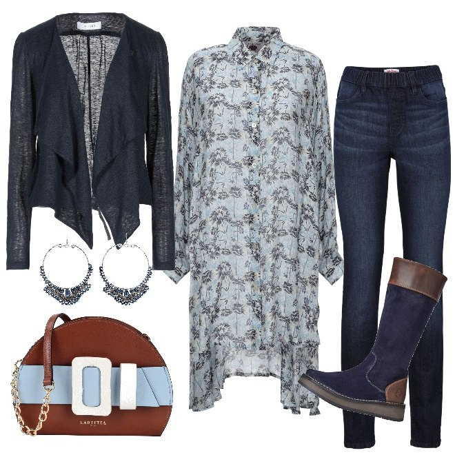 Outfit donna - Sfumature di azzurro. Stile Urban per Tutti i giorni. Abbinamento con jeggings, cardigans, camicie, borse a tracolla, orecchini, stivali.