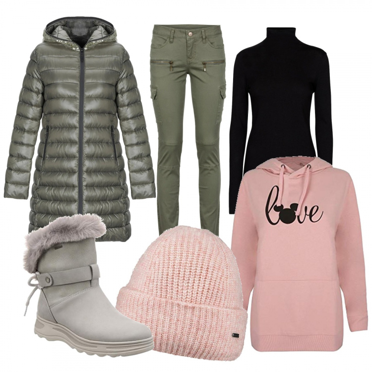 Outfit donna - Una giornata in montagna. Stile Basic per Tutti i giorni. Abbinamento con pantaloni cargo, piumini, felpe con cappuccio, stivali da neve, felpe, berretti.