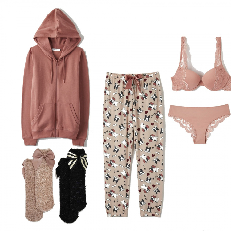 Outfit donna - A casa con confort. Stile Basic per Tutti i giorni. Abbinamento con felpe con cappuccio, calzini, slip, reggiseni push-up, pantaloni.