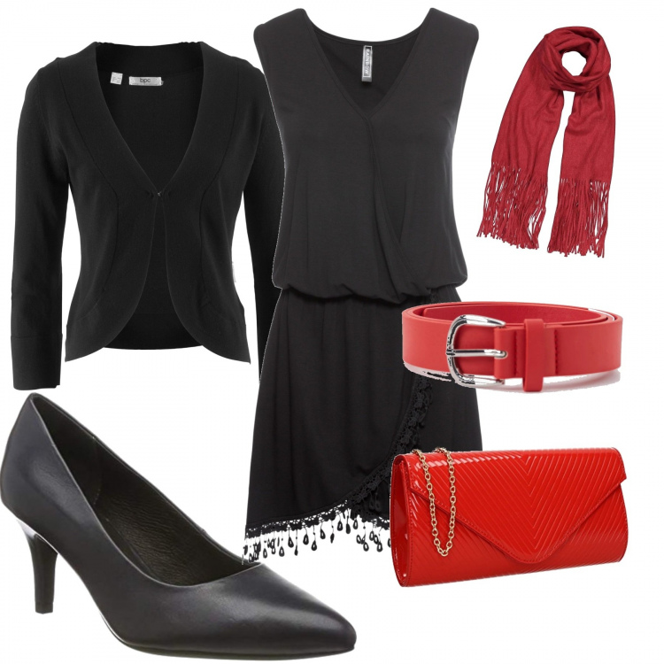 Outfit donna - Atmosfera natalizia. Stile Trendy per Serata fuori. Abbinamento con vestiti, blazer, cinture, sciarpe, pochette, scarpe col tacco.
