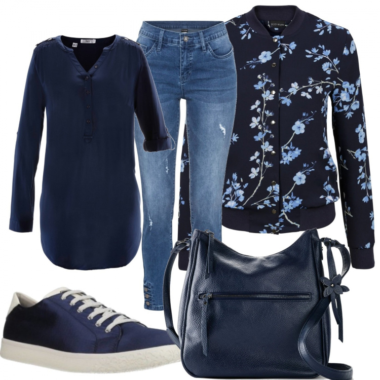 Outfit donna - Il bomberino a fiori. Stile Basic per Tutti i giorni. Abbinamento con bomber, tuniche, borse a tracolla, jeans skinny, sneakers.