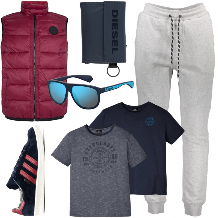 Outfit uomo - Sto andando in palestra. Stile Casual per Sport. Abbinamento con t-shirt, portafogli, pantaloni, sneakers, parka, occhiali da sole.