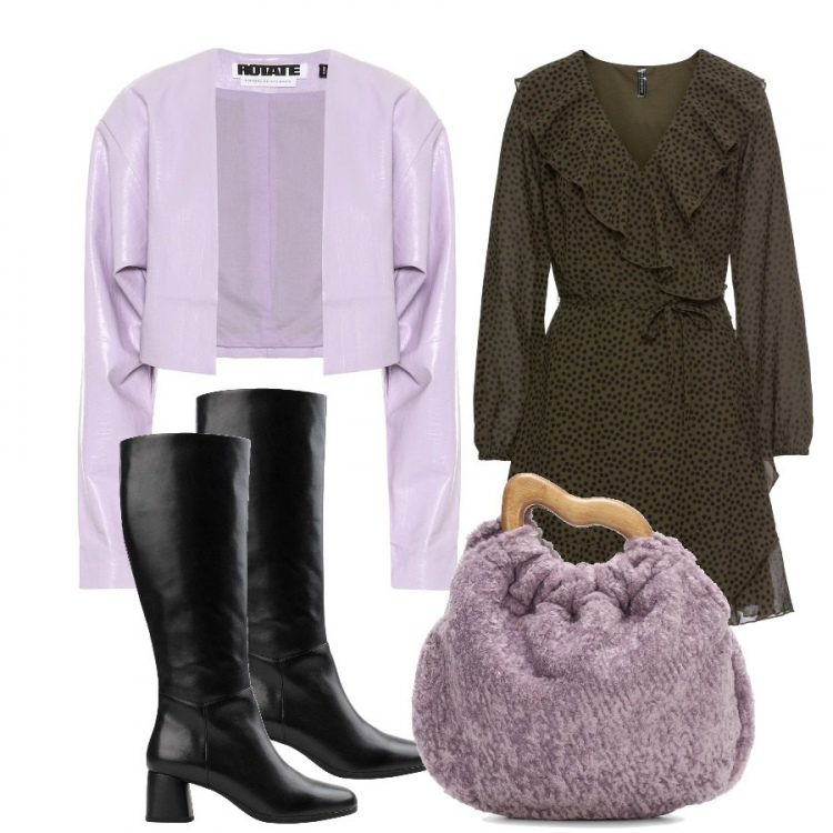 Outfit donna - Lilla&brown. Stile Bon Ton per Serata fuori. Abbinamento con vestiti, stivali, clutch, blazer.