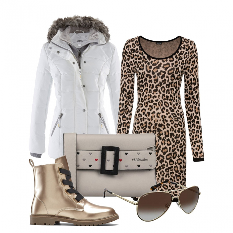 Outfit donna - Il tubino animalier per ogni occasione. Stile Trendy per Tutti i giorni. Abbinamento con piumini, vestiti, stivaletti, borse a mano, occhiali da sole.