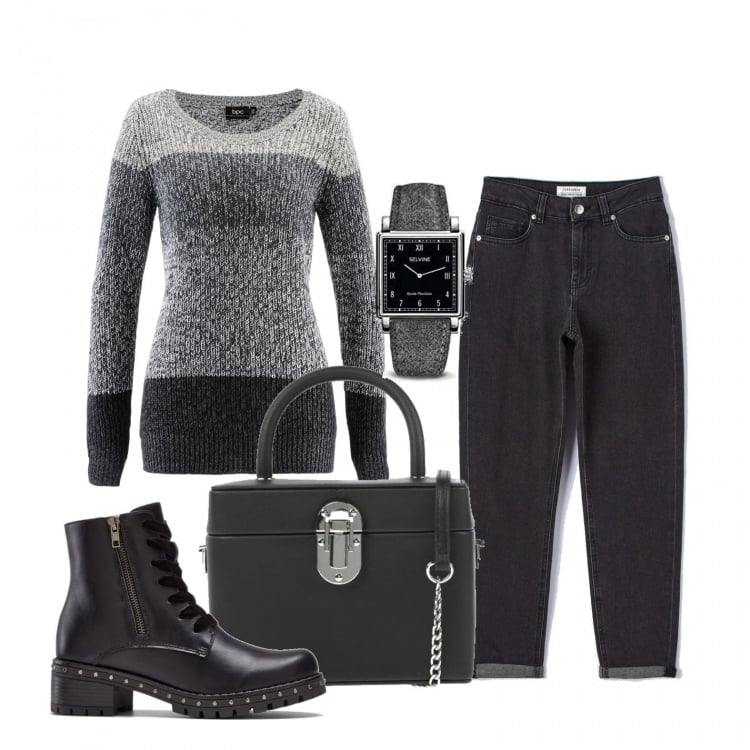 Outfit donna - Il maglione a rigoni sul grigio. Stile Basic per Tutti i giorni. Abbinamento con borse a mano, maglieria, stivaletti, jeans mom, orologi analogici.