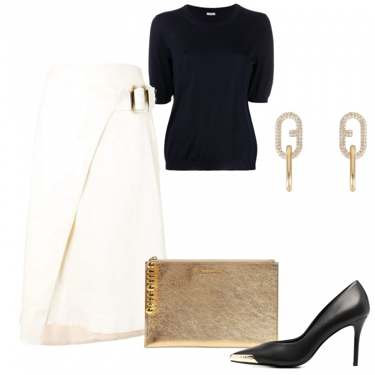 Outfit donna - Xmas gold. Stile Chic per Serata fuori. Abbinamento con orecchini, gonne, décolleté, t-shirt, pochette.