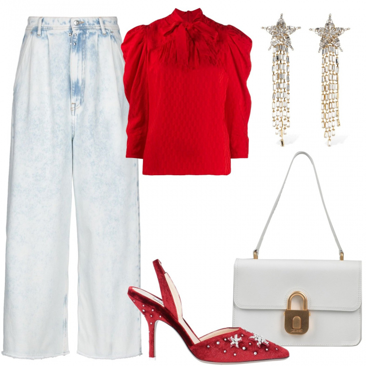 Outfit donna - At home Xmas. Stile Chic per Serata fuori. Abbinamento con décolleté, borse a mano, jeans, bluse, orecchini.