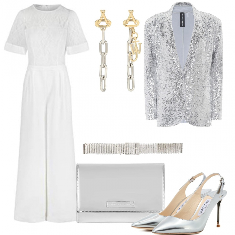 Outfit donna - Shine bright. Stile Chic per Serata fuori. Abbinamento con clutch, marsupi, blazer, tute, orecchini, décolleté.