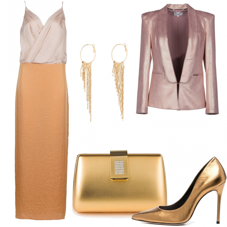 Outfit donna - Goldies. Stile Chic per Serata fuori. Abbinamento con blazer, orecchini, vestiti lunghi, décolleté, pochette.