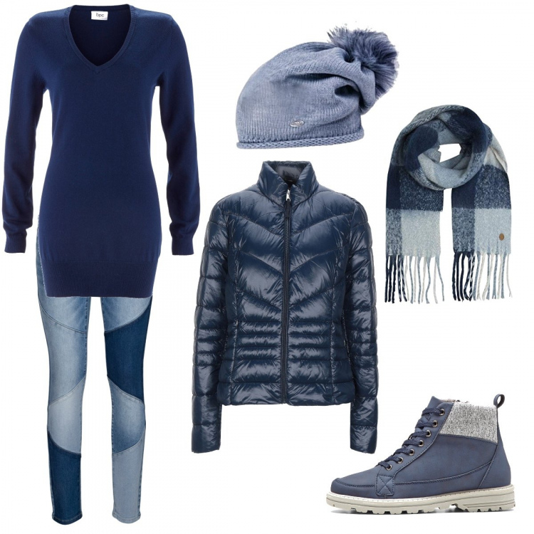 Outfit donna - Giornata in montagna. Stile Basic per Tutti i giorni. Abbinamento con stivaletti, maglieria, jeans skinny, piumini, berretti, sciarpe.