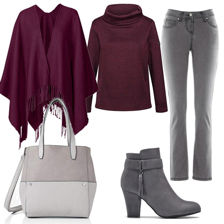 Outfit donna - Comoda in grigio e bordeaux. Stile Basic per Tutti i giorni. Abbinamento con jeans slim fit, stivaletti, cappotti, pullovers, borse tote.