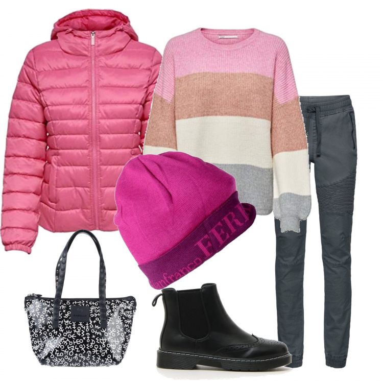 Outfit donna - Il maglione multicolor. Stile Basic per Tutti i giorni. Abbinamento con pantaloni sportivi, borse a mano, berretti, pullovers, blazer, stivaletti.