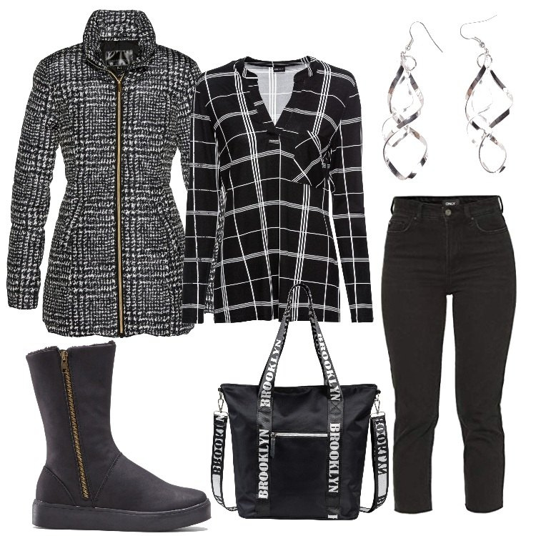 Outfit donna - Orecchini curvy. Stile Basic per Tutti i giorni. Abbinamento con stivali, maglieria, giacche, borse a mano, orecchini, jeans dritti.