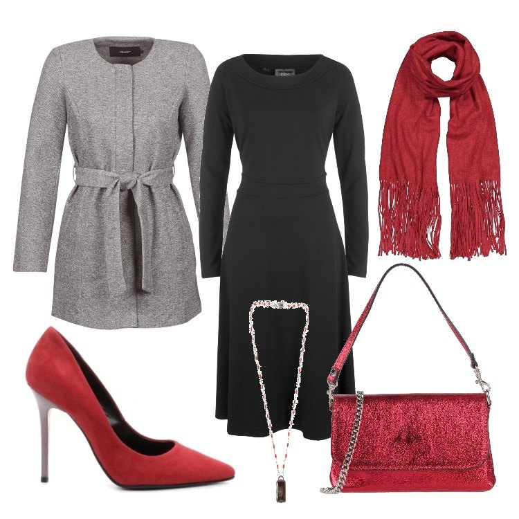 Outfit donna - Rosso e grigio. Stile Trendy per Ufficio. Abbinamento con stivaletti, borse a mano, cappotti, collane, sciarpe, décolleté.
