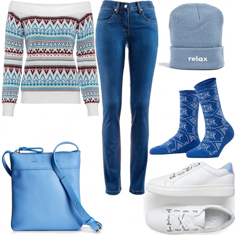 Outfit donna - Blu Natale. Stile Urban per Tutti i giorni. Abbinamento con jeans dritti, maglioni, cappelli con visiera, sneakers, calzini, borse a tracolla.