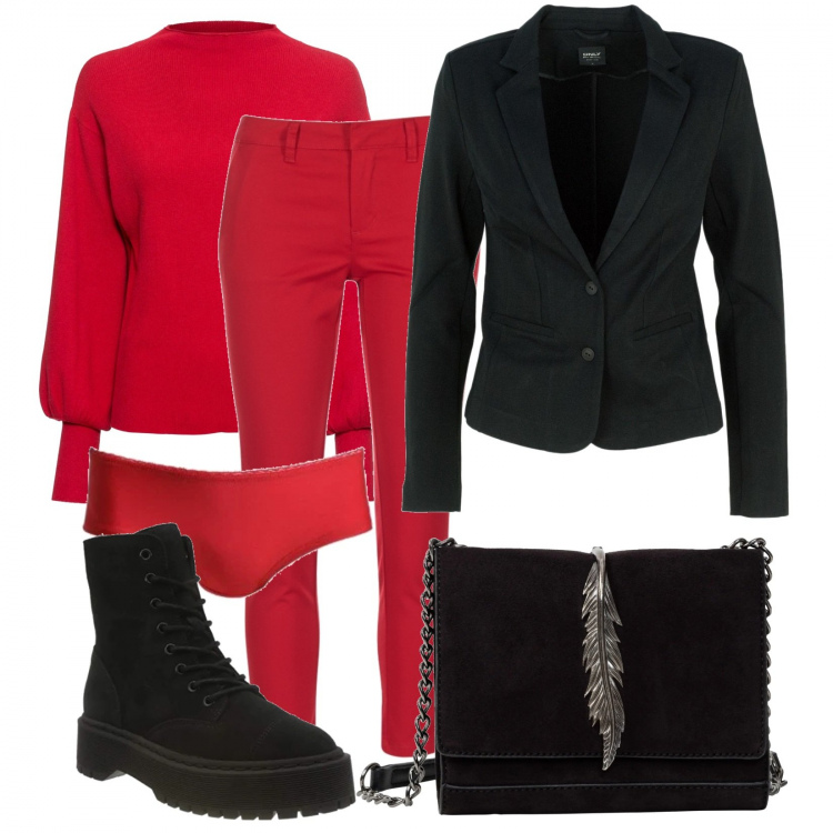 Outfit donna - In rosso e nero. Stile Basic per Tutti i giorni. Abbinamento con maglieria, borse a tracolla, pantaloni chino, blazer, stivali, culotte.