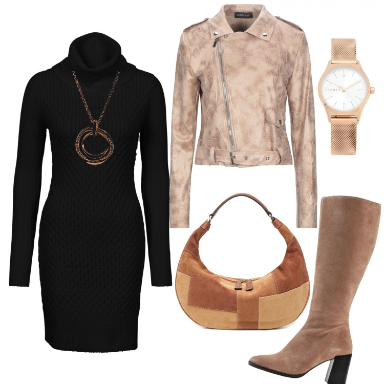 Outfit donna - Abito in msglua e stivsli scamosciati. Stile Trendy per Serata fuori. Abbinamento con vestiti, stivali, orologi, cappotti, ciondoli, borse a tracolla.