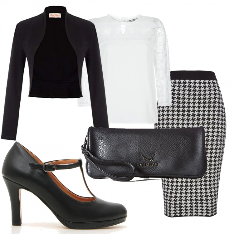 Outfit donna - Gonna a scacchi. Stile Sexy per Ufficio. Abbinamento con gonne, camicie, décolleté, bolero, clutch.