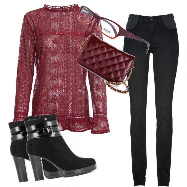 Outfit donna - Natale in casa. Stile Basic per Tutti i giorni. Abbinamento con jeans skinny, tuniche, borse a tracolla, stivaletti, occhiali.